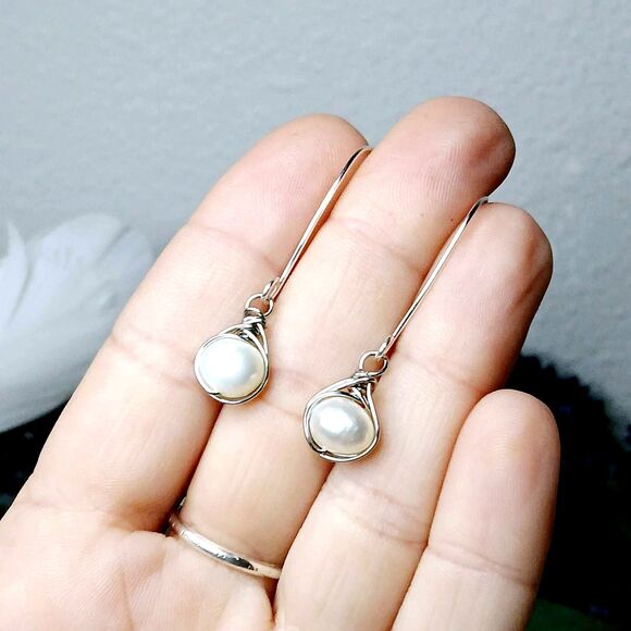 Freshwater Pearl Beaded Dangle Drop Earrings, Wire Wrapped Boho Chic Statement - Picture 4 of 4